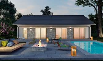 projekt pre moderný bungalov s izbami orientovanými do záhrady a s garážou